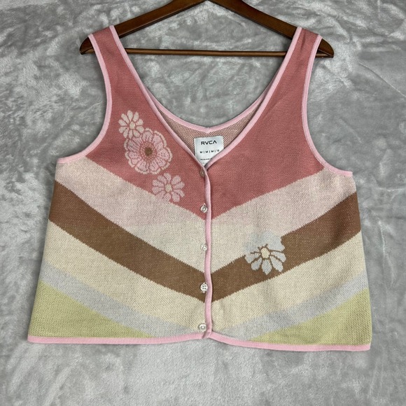 RVCA Jackets & Blazers - RVCA Floral Knit Vest Top Size M Pink Brown Striped Sleeveless Button Up
